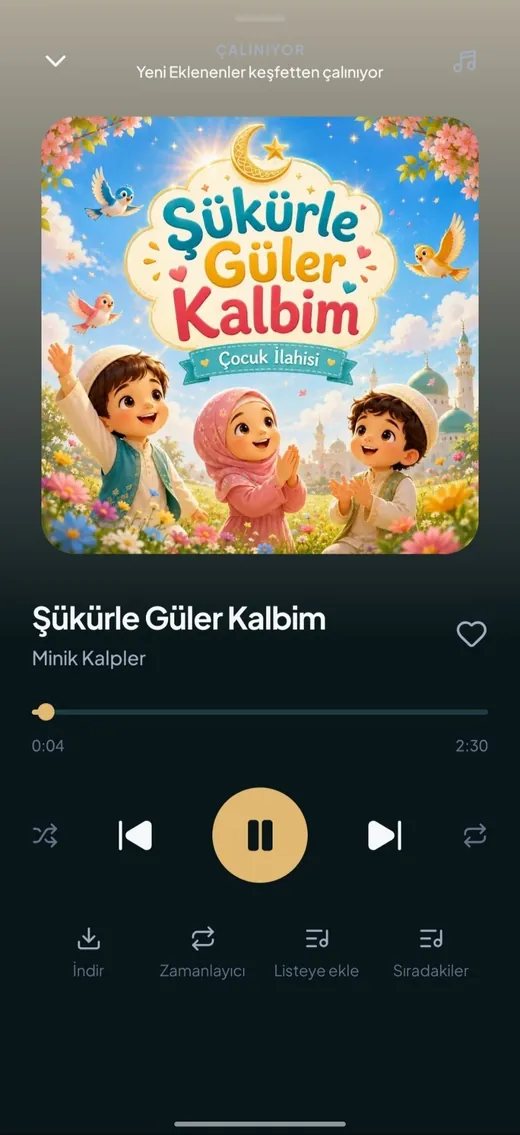 Çalar ekranı: kapak görseli, ilerleme çubuğu, indirme ve listeye ekleme düğmeleri