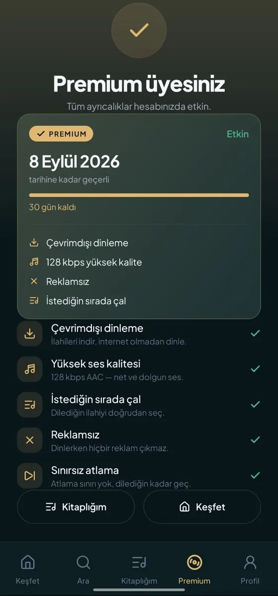 Premium ekranı: üyeliğin bitiş tarihi ve premium ayrıcalıklarının listesi